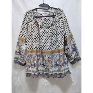 Tantrums Womens White Floral Boho Smocked Geometric Peasant Flowy 3/4 Sleeves
